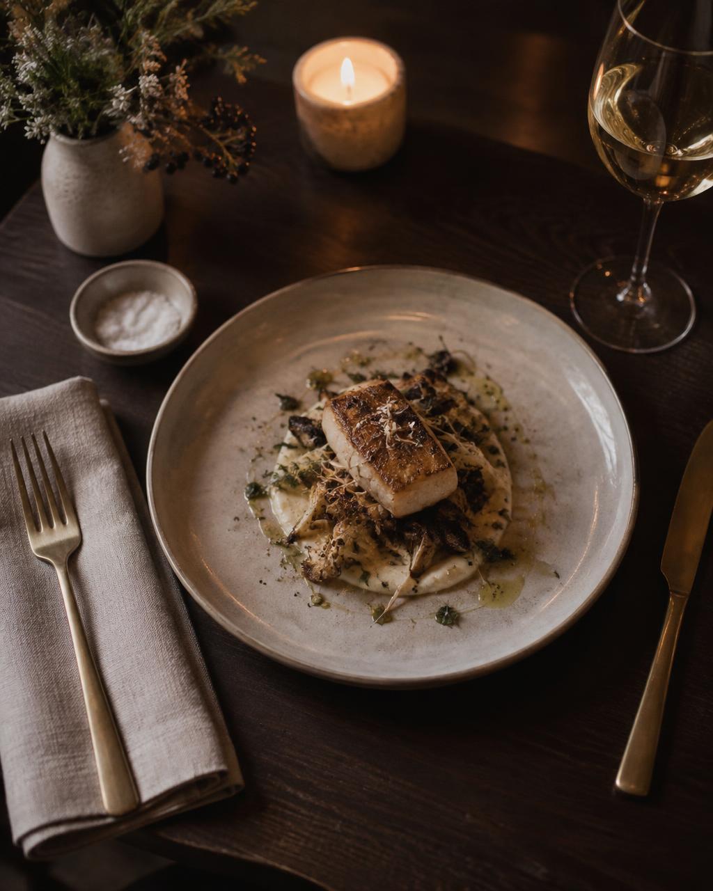 A plated course beside linen and candlelight